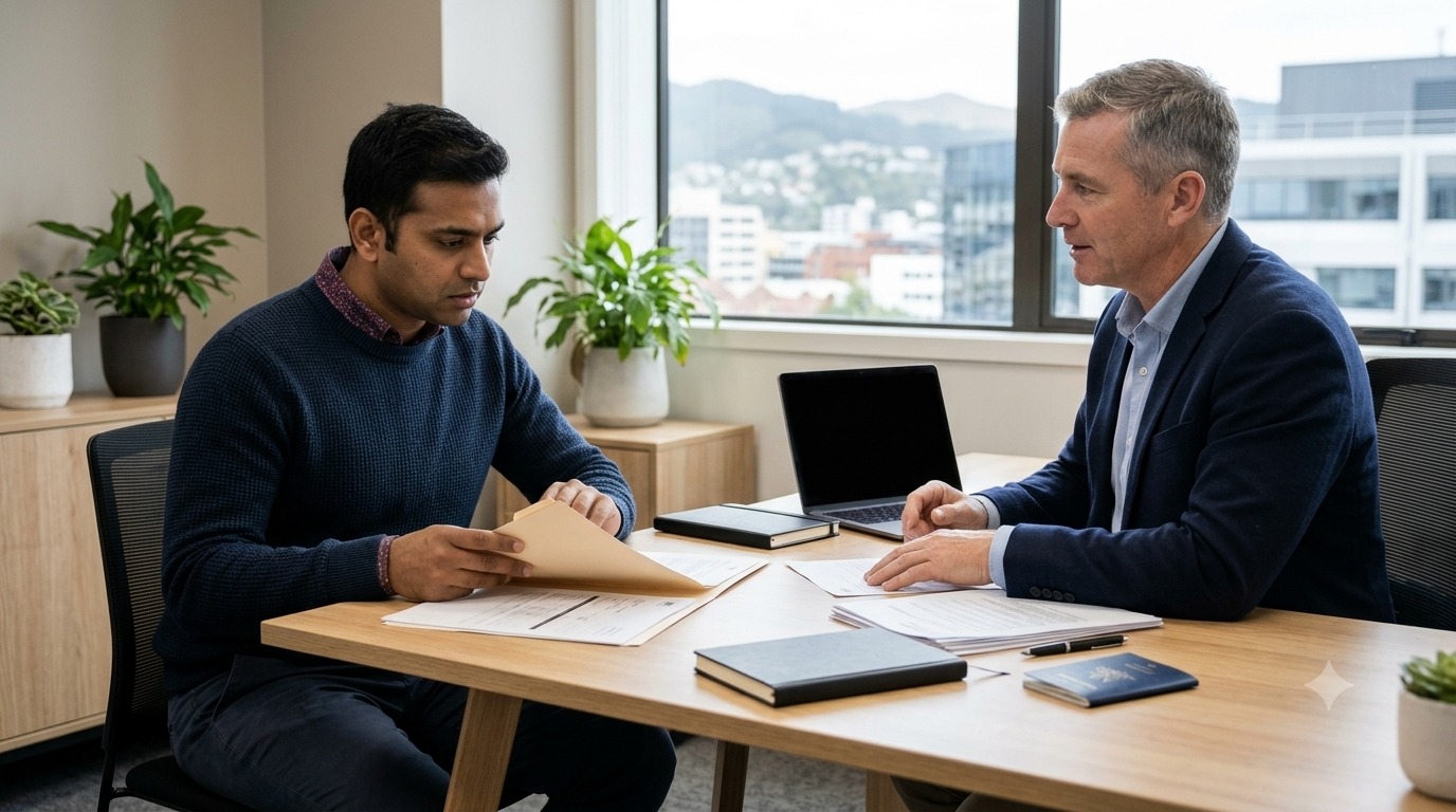 Professional signing an employment contract at a New Zealand office